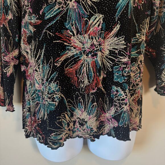 All Hours Sz L Lurex Glitter Floral Print Crinkle Texture Ruffle Trim Top Blouse - Picture 4 of 10
